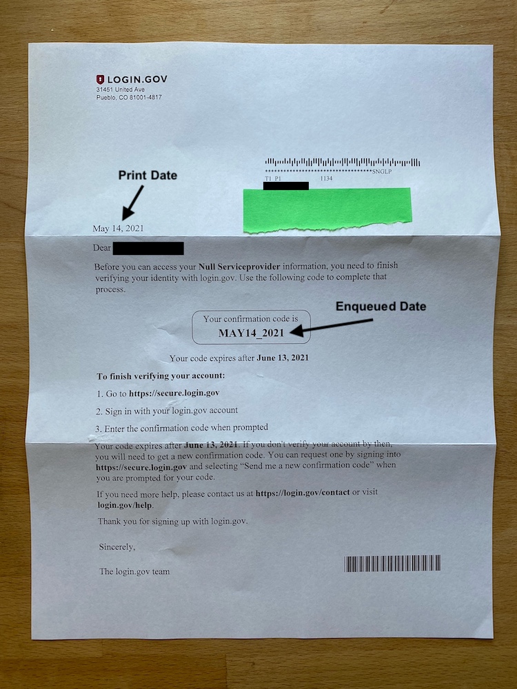 GPO letter with arrows pointing to enqueued and printed dates